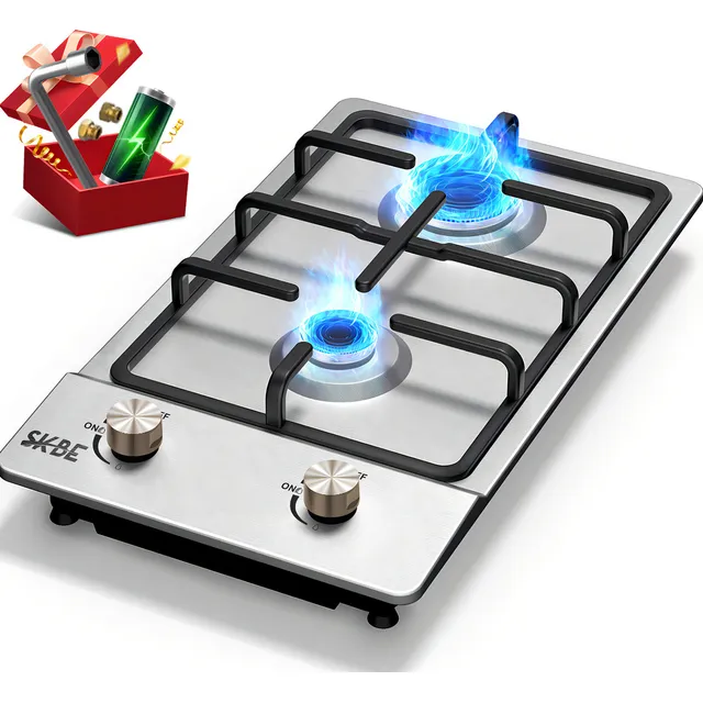 Skbe® Parrilla De Gas Estufa De Mesa 2 Quemadores Acero Inoxidable Adaptable a Gas LP o Gas Natural Con Encendido Electrico Cocinas Uso Empotrable/De Pie Con Bateria