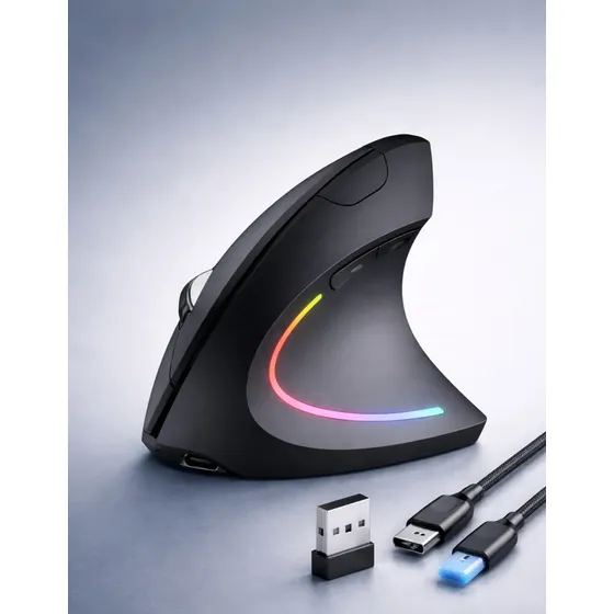 Mouse Vertical Ergonômico Sem Fio Bluetooth Usb 2.4g Recarregável Silencioso 1600dpi Rgb Preto Reduz Tensão Pulso Pcs Strimtech