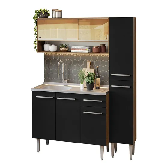 Cocina Integral Completa Modular Madesa Emilly Con Tarja 10 Color Rustic/Negro
