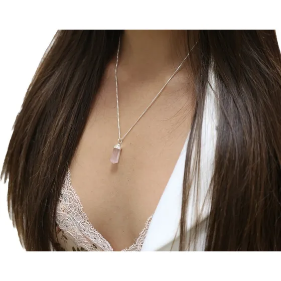 Colar Prata 925 + Pingente Mini Ponta Quartzo Rosa Legitima