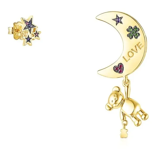 Aretes Teddy Bear Stars Luna Plata Vermeil Gemas Tous Regalo