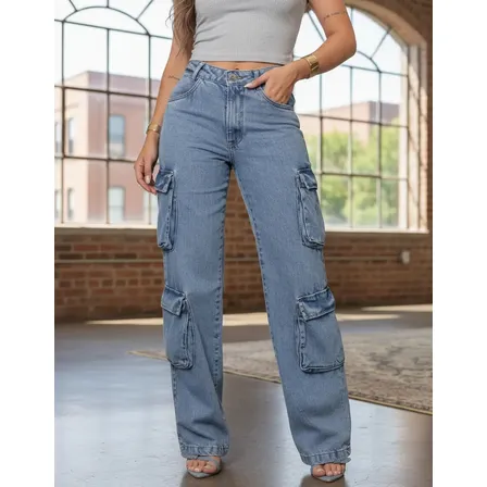 Calça Jeans Wide Leg Cargo Feminina Com Vários Bolsos