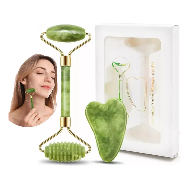 Rodillo Masaje Facial De Jade Gua Sha Rejuvenece Kit