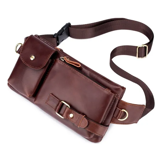 Bullcaptain - Cangurera De Cuero Yb-020-br Marrón Diseño De La Tela Lisa