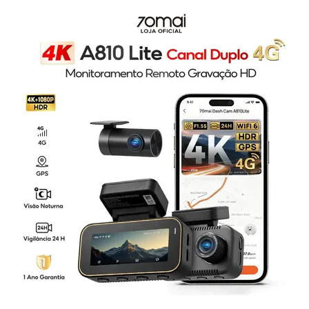 Câmera Veicular 4G APP Monitoramento Remoto 70mai A810 lite 4K+1080P Dual Canais GPS HDR Visão Noturna Vigilância 24H WiFi 6 & Bluetooth Supercapacitor Câmera de Carro Gravação Emergência com Buffer