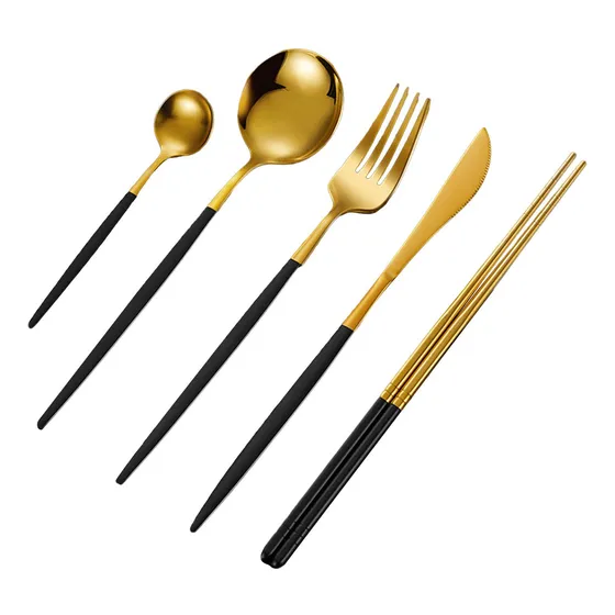 Juego De 5 Palillos Y Cucharas, Juego De Cubiertos Oro Negro