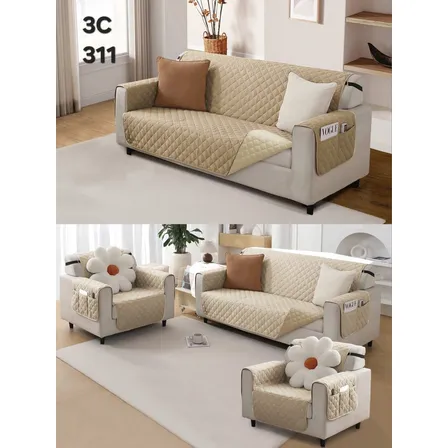 Set 3 Funda Sillón 3+1+1 Reversible Bicolor Tela Impermeable Beige Beige