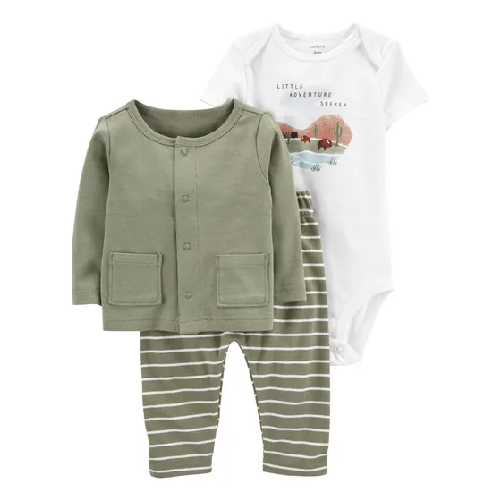 Set 3 Piezas Pantalón, Saco De Punto Y Body Manga Corta De 