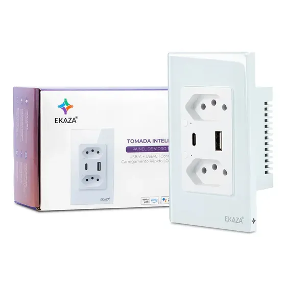 Tomada Inteligente Wifi Dupla Usb Usbc Dupla Vidro Temperado 10a 3 Pinos Smart Alexa Tuya Smart Life Google 110v 220v Bivolt Branca Ekaza