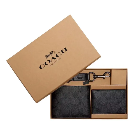 Cartera Coach Con Tarjetero Y Llavero Color Negro Diseño De La Tela Rayas