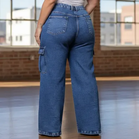 Calça Jeans Plus Size Feminina Cargo Com Lycra Do 46 Ao 56