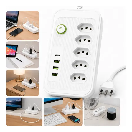 Filtro De Linha 5 Tomadas 4 Usb Tipo C Cabo 2m 10a Casa Mesa Branco 127/220v