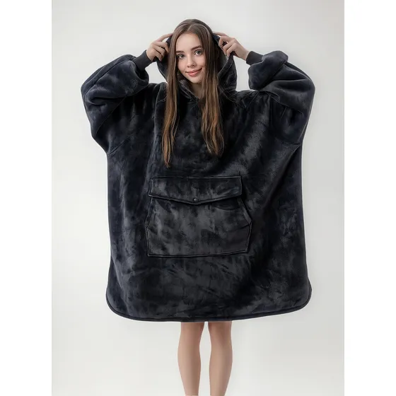 Buzo Manta Canguro Gigante Poncho Corderito Unisex - Sherpa Unico Gris Oscuro Sherpa