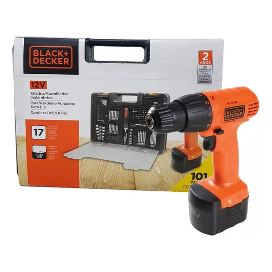 Taladro atornillador inalámbrico de 10mm Black+Decker CD121K100 12V+ accesorios con estuche de plástico 220V