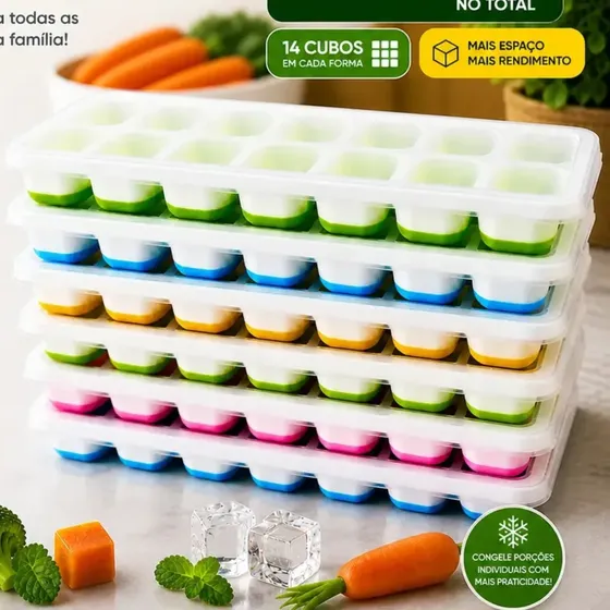 Kit 6 Formas De Gelo Silicone Tampa 14 Cubos Bebê Comida