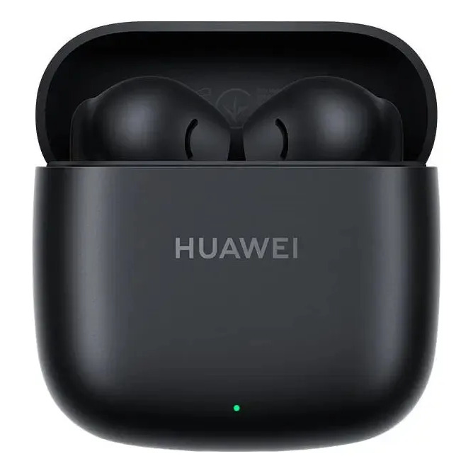 Fone de ouvido sem fio Huawei FreeBuds SE 2 na cor preta dentro do estojo de carregamento aberto com luz indicadora verde acesa