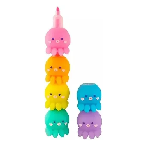 Resaltador Kawaii Mini Pastel X 6 Unds Motivo Pulpo Escolar.