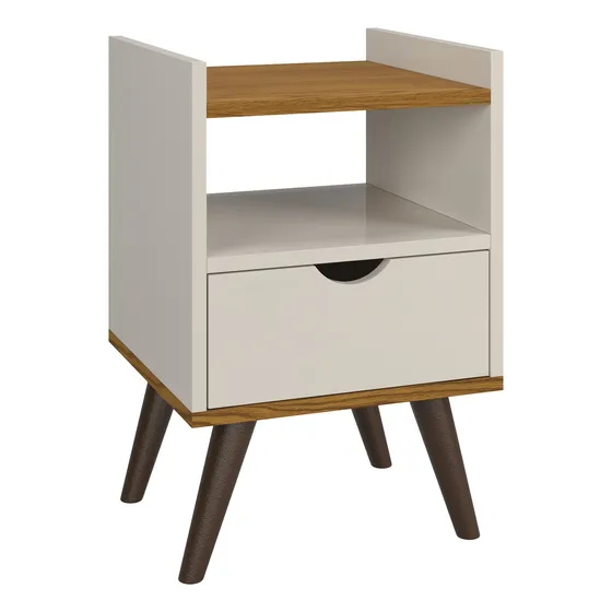 Mesa Cabeceira De Cama Organizadora 1 Gaveta Nicho Classic Acabamento Fosco Cor Off White/freijó