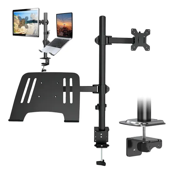Soporte Brazo 2 En 1 Para Monitor Y Notebook 13 A 32 Pulgadas Base Doble Ergonómica Con Bandeja Para Notebook Alta Calidad Everest