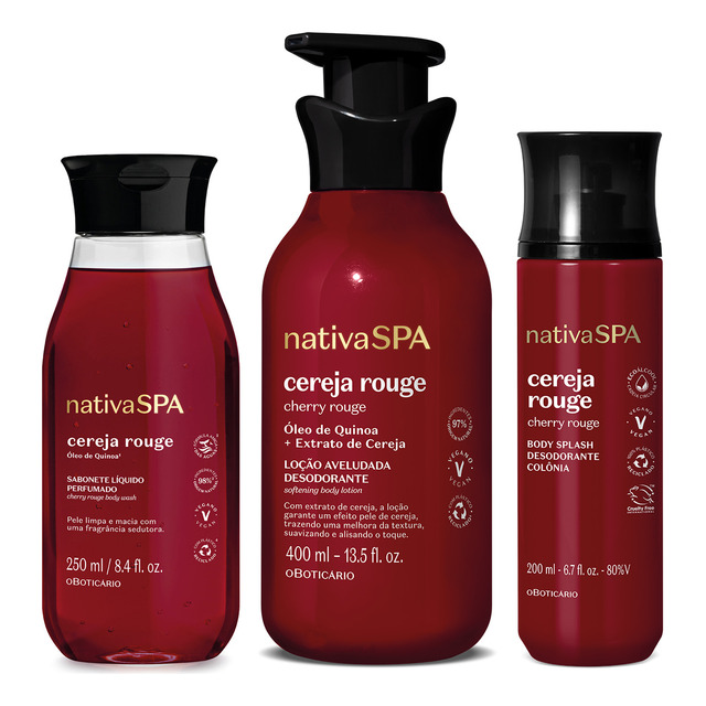 Combo Nativa Spa Cereja Rouge: Loção Corporal 400ml + Sabonete Líquido 250ml + Body Splash...