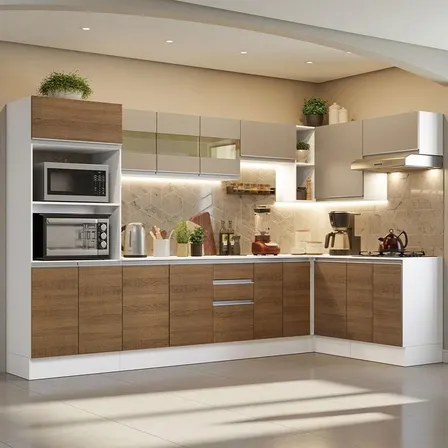 Armário De Cozinha Completa Modulada 100%mdf 447cm Com Balcão Para Cooktop Madesa Smart Br02 Cor Rustic/branco/crema Gcsm448002a9
