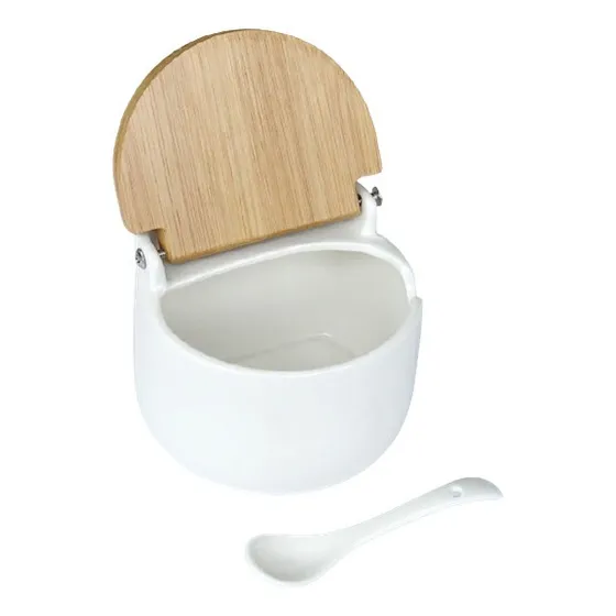 Porta Sal Saleiro Mesa Em Porcelana Com Colher Tampa Madeira Cor Branco