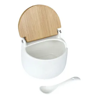 Porta Sal Saleiro Mesa Em Porcelana Com Colher Tampa Madeira Cor Branco Porta Sal Saleiro Mesa Em Porcelana Com Colher Tampa Madeira Cor Branco
