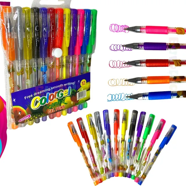 Kit 12 Canetas Gel Com Glitter Perfumadas Cheiro De Frutas