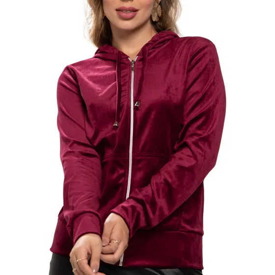Jaqueta Blusa Feminino Casaco Plush Com Capuz, Ziper E Bolso