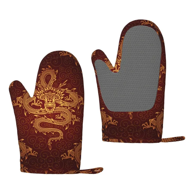 1 Par Guante Silicona Para Horno Dragon Grueso Fondo Rojo Al