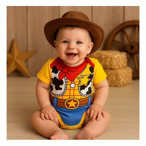 Roupa Body Bebê Mesversário Meninos Fantasia Cowboy + Chapéu