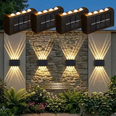Kit 4 Arandela Lampada Solar Led Parede Jardim Externa Ip65 1.2v 8 Led-luz Quente