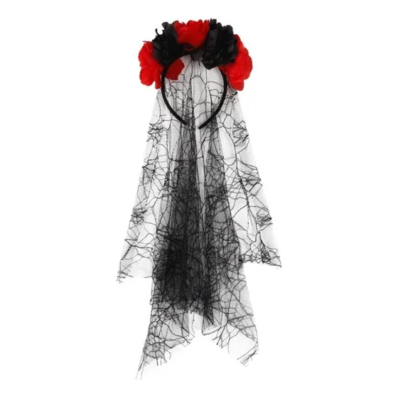 Catrina Cintillo Flores Rojas Velo Encaje Disfraz Halloween