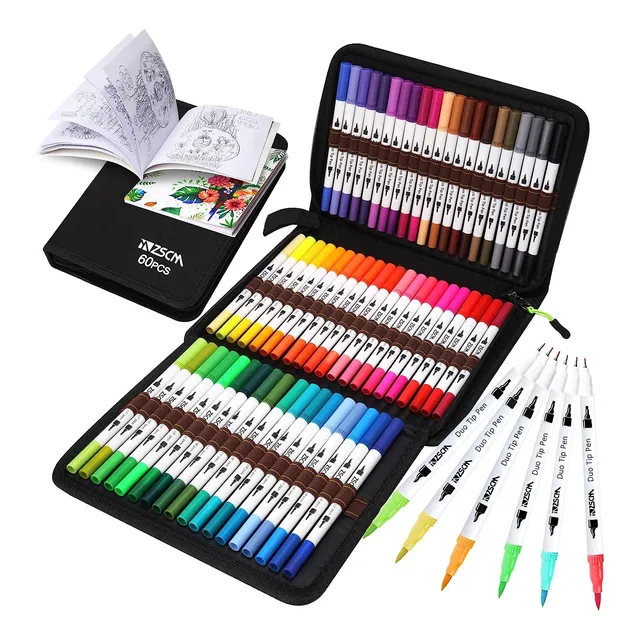 Marcadores De Doble Punta Fina Y De Pincel 60 Colores