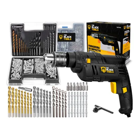 Furadeira De Impacto 550w 3/8 10mm The Black Tools Com Acessórios Kit 300 Peças Brocas E Buchas Preto 127v 50/60hz
