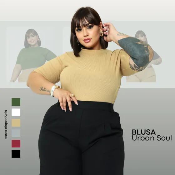 Blusa Blusinha Canelada Gola Com Manga Curta Plus Size
