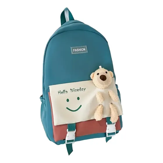 Mochila Verde Con Oso De Peluche Múltiples De Bolsillos