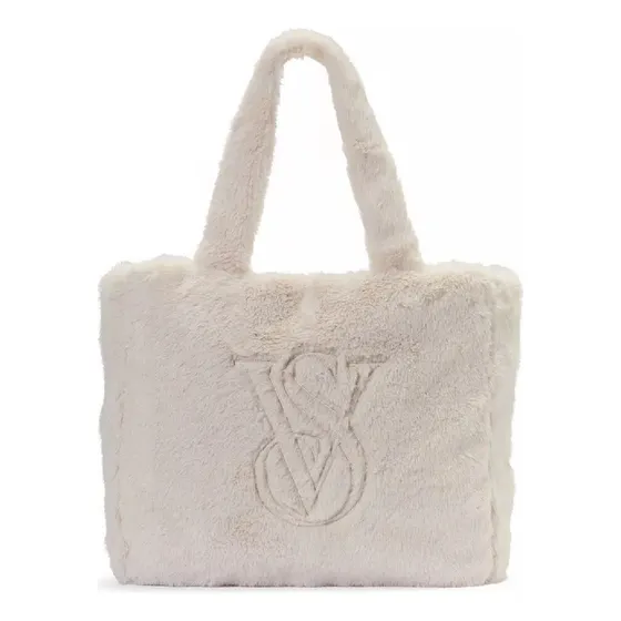 Bolsa Victorias Secret Pelucia Bege Acambamento Dos Ferragens Ziper Desenho Do Tecido Lisa