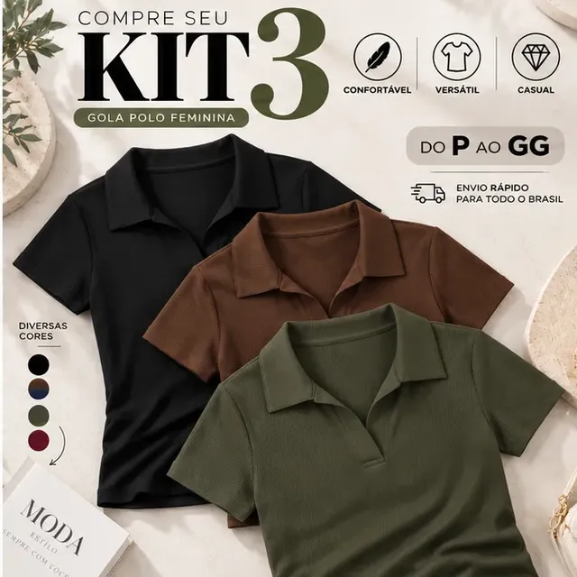 Kit 3 Blusa Feminina Gola Polo Canelada Básica Casual Lisa