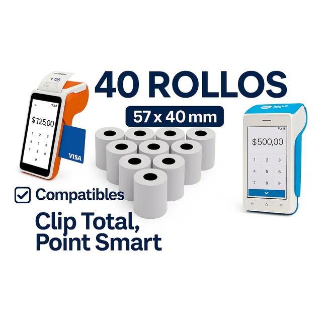 40 Pza Rollo Termico 57x40 Clip Total, Mercado Pago Point Smart Point Smart, Terminal Bancaria, dualbalance