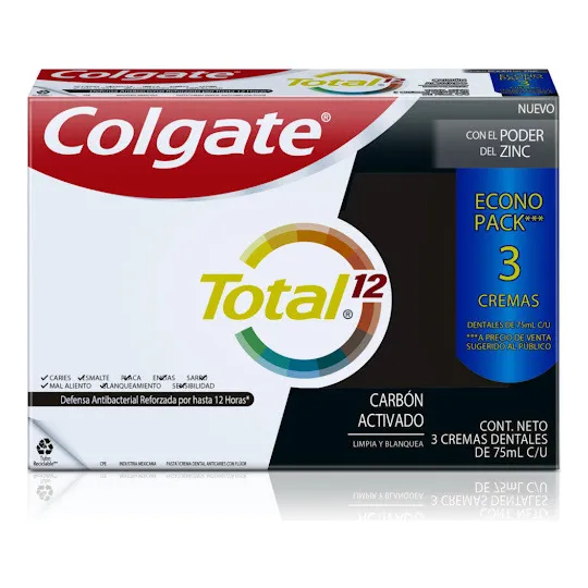 Crema Dental Colgate Total 12 Carbón Activado + Zinc 3x75ml