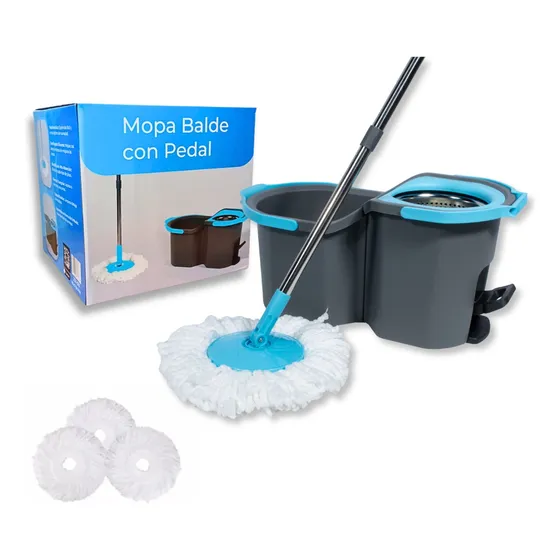 Mopa Jazak con Pedal Centrifugo / Easy Clean / Para todo Tipo de Pisos / 4 Repuestos en Total / Giratoria 360 / Doble Balde / Escurridor / Tipo Lampazo / Palo Acero 1.43m / Microfibra Alta Absorción