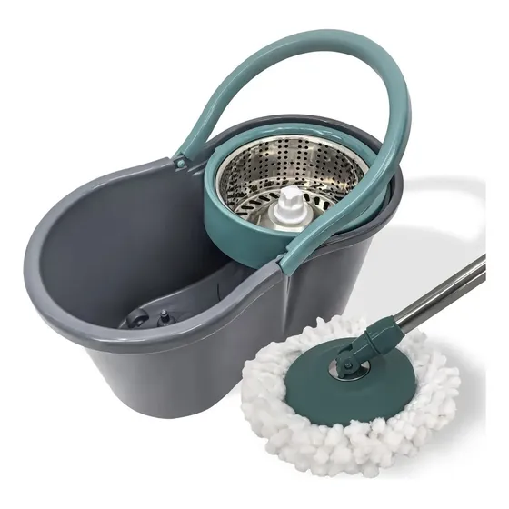 Mop Giratório Kit Completo 360° C/ Cesto Inox Para Limpeza Cinza/verde