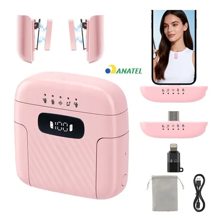 Microfone Sem Fio Profissional Duplo Para Lightning E Type-c Com Cancelamento De Ruído Rosa
