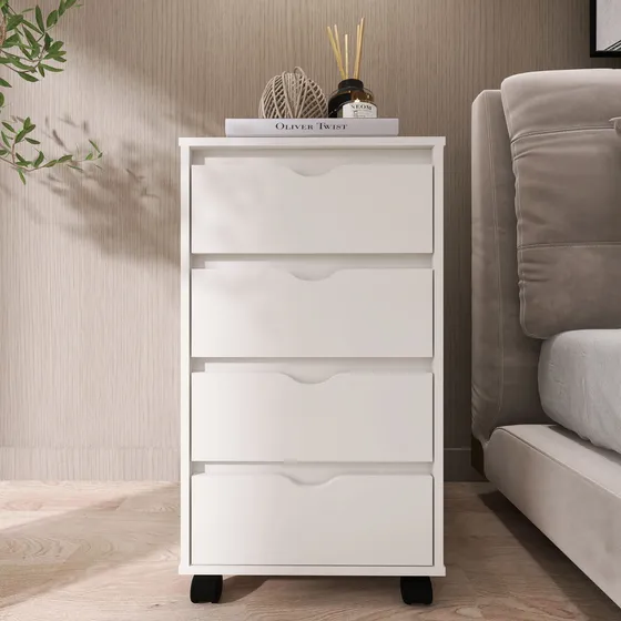 Mesa De Cabeceira Branca Madeira Moderna Para Quarto 4 Gavetas Com Rodinhas Movlar - Mod.0701 Cor Branco