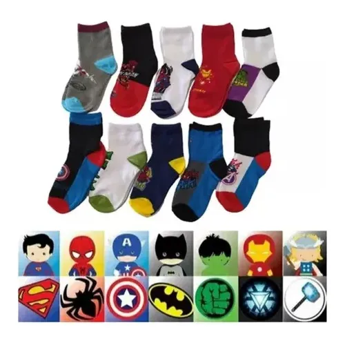  10 Pares De Meia Diferente Infantil Marvel Sortida Atacado 