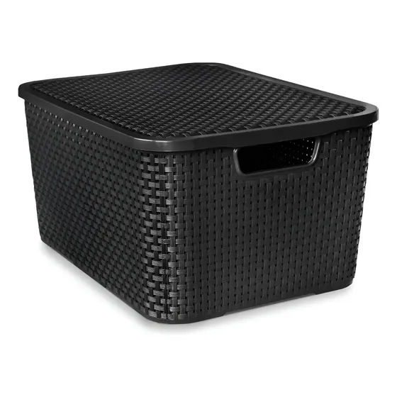 Caja Cesto Canasto Organizador Rattan 20lts Tapa - Negro | Cuotas sin interés