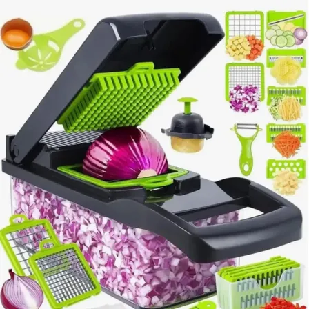 Cortador E Ralador Multifuncional De Legumes 16 Em 1 Cozinex, Com Recipiente E Lâminas Intercambiáveis Em Aço Inoxidável Verde/cinza