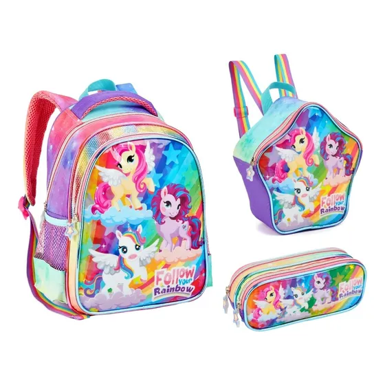 Kit Mochila Escolar Costas Com Lancheira E Estojo Unicórnio