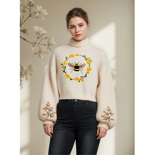 Mujer Suéter Knit Corto Otoño, Cuello Alto, Bordado Abeja Mujer Suéter Knit Corto Otoño, Cuello Alto, Bordado Abeja